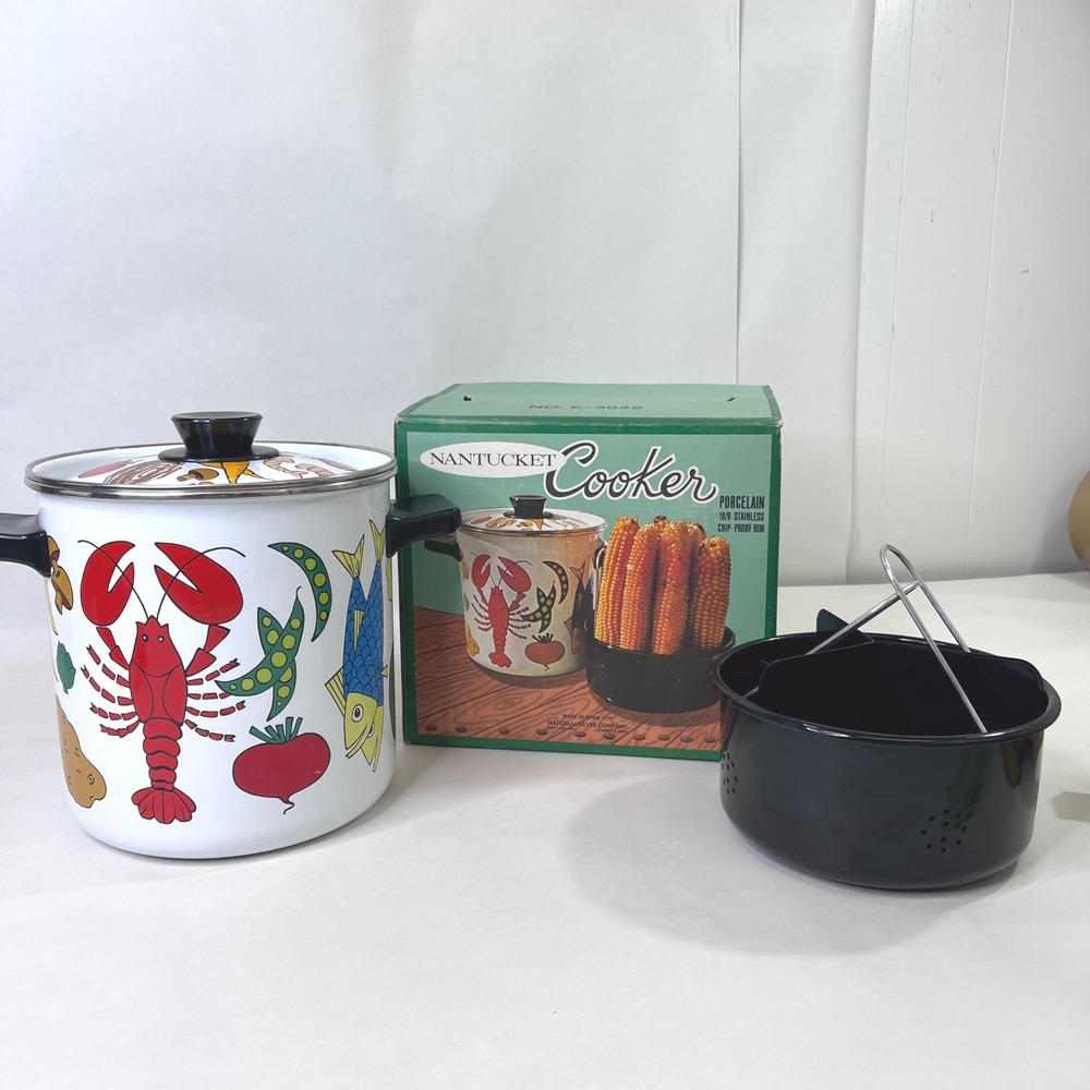 Vintage Nantucket Cooker Porcelain Enamel Stock Pot Steamer Lobster E-3032 Spain